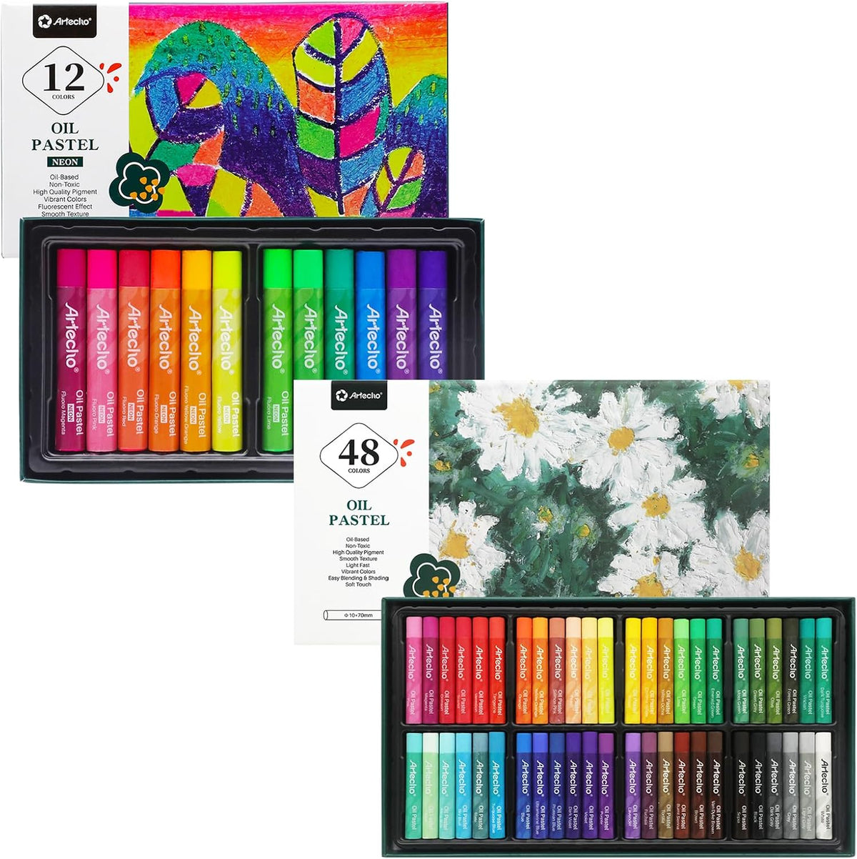 Artecho Pasteles al óleo 48 colores básicos y 12 pasteles al óleo de neón