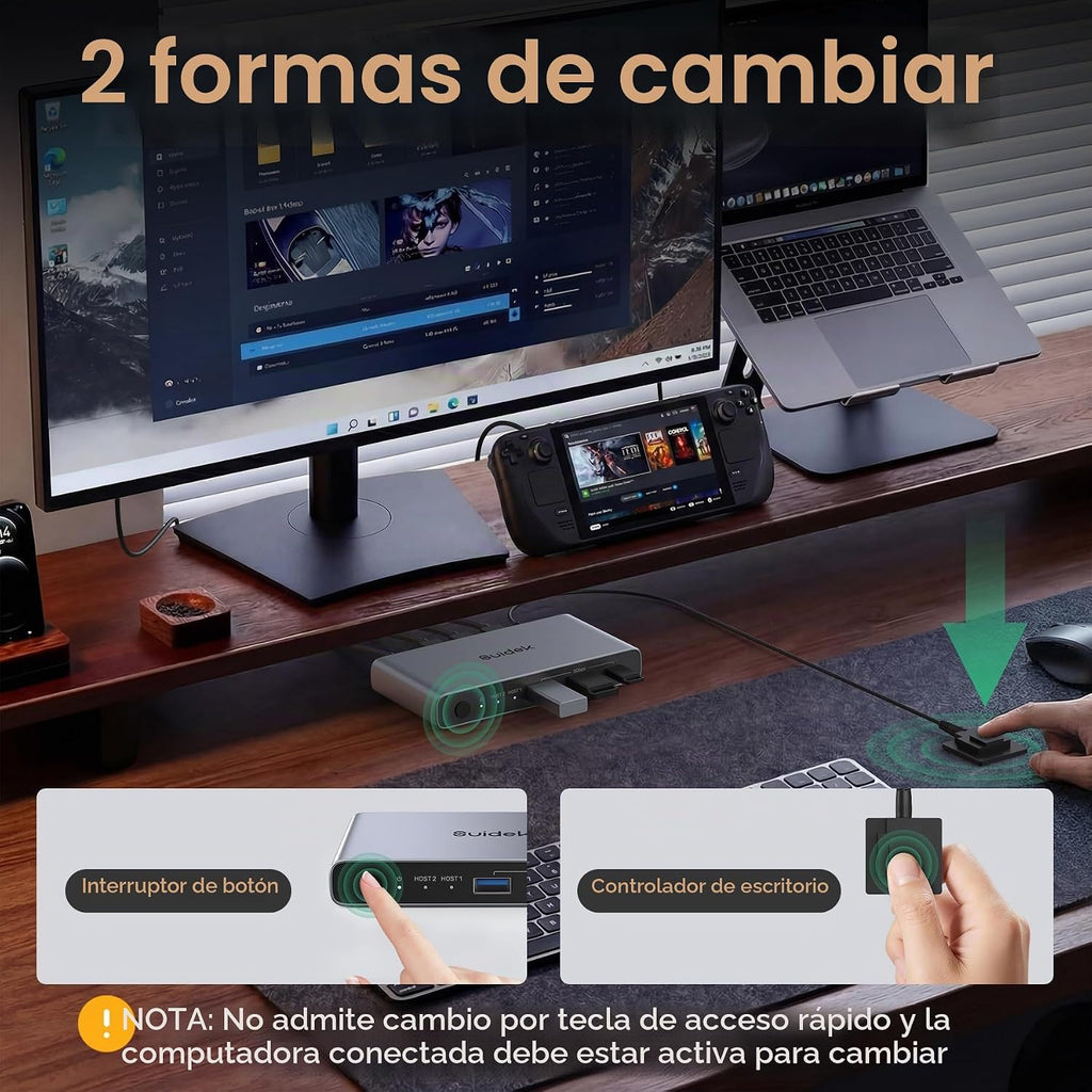 Conmutador KVM USB C 1 Monitor 2 Computadoras - 3 Puertos USB 3.0 4K