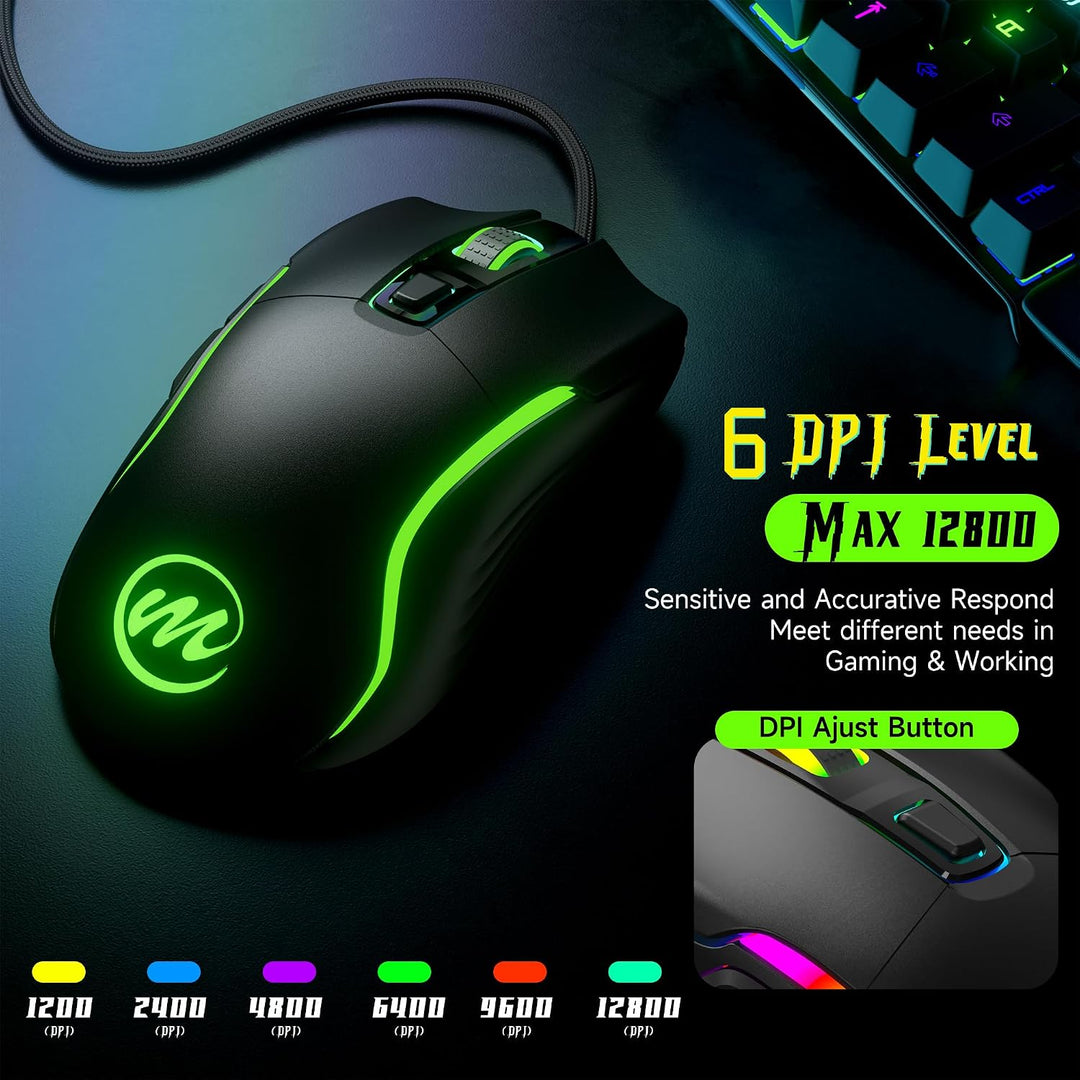 memzuoix Mouse para juegos con cable RGB - 6 DPI ajustables hasta 1...