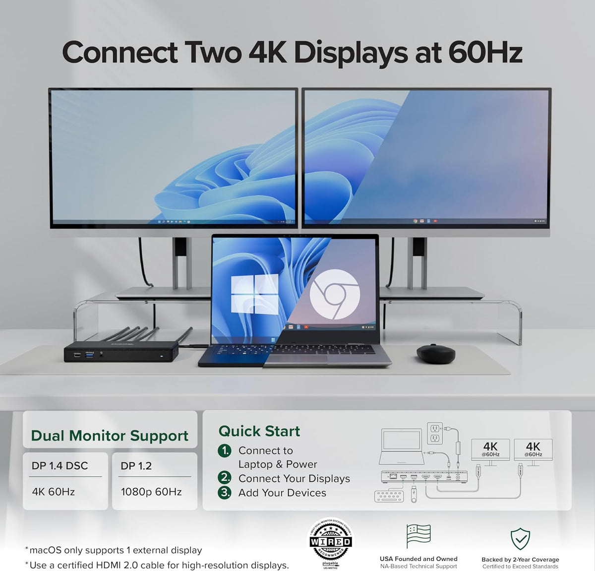 Estación de acoplamiento USB-C enchufable, HDMI dual 4K 60Hz para Windows y