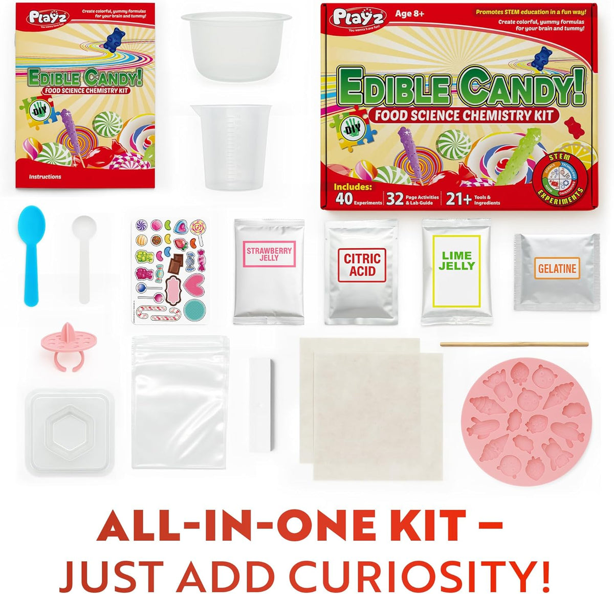 Playz Kit de fabricación de dulces comestibles para niños – Kits de ciencia para niños de 8 a 12 años – Kit de química de ciencia de los alimentos con más de 40 experimentos y más de 21 herramientas para hacer tus propios chocolates y dulces para niños y