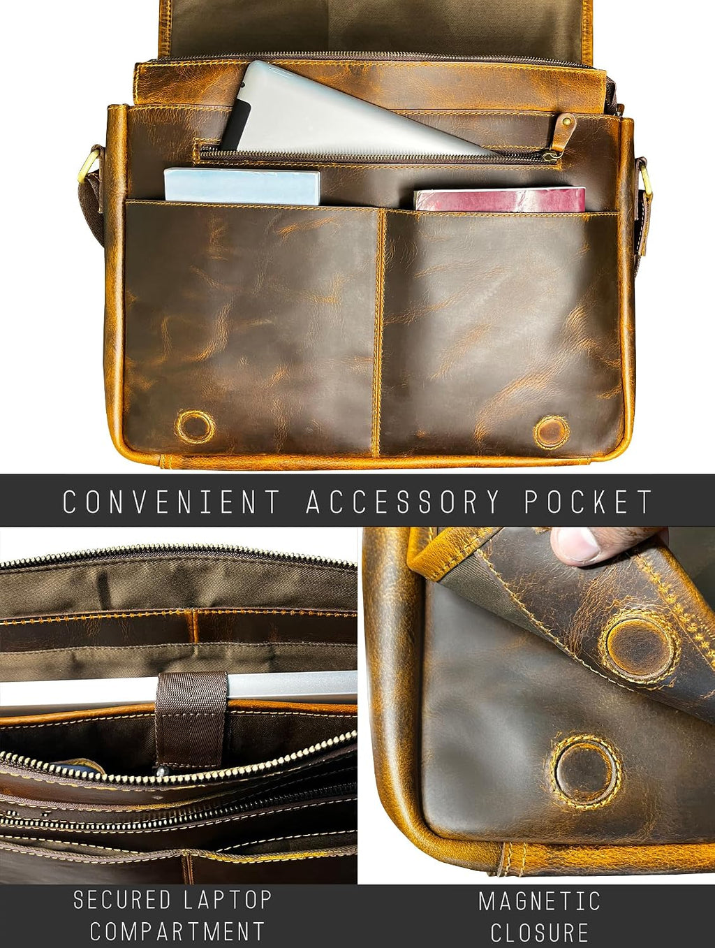 Bolso de mensajero de cuero para hombre, bolso vintage de grano completo
