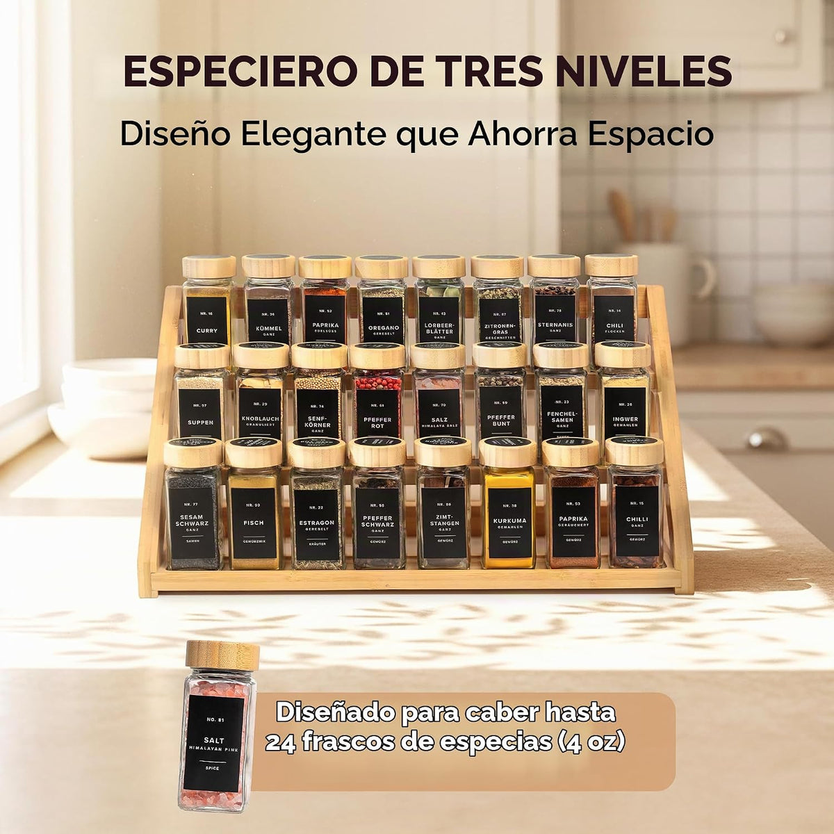 Organizador de especias de bambú de 3 niveles para gabinete