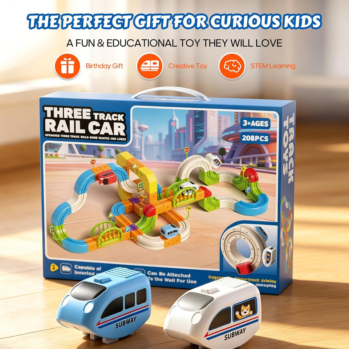Juego de tren eléctrico 208PCS, juguete de 3 pistas que desafía la