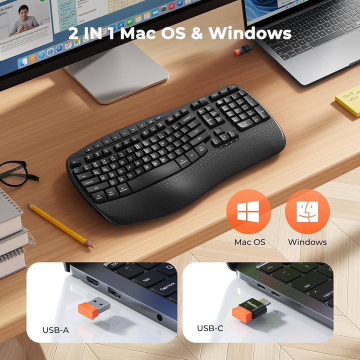 MEETION Teclado ergonómico inalámbrico, teclas onduladas, reposamuñ...
