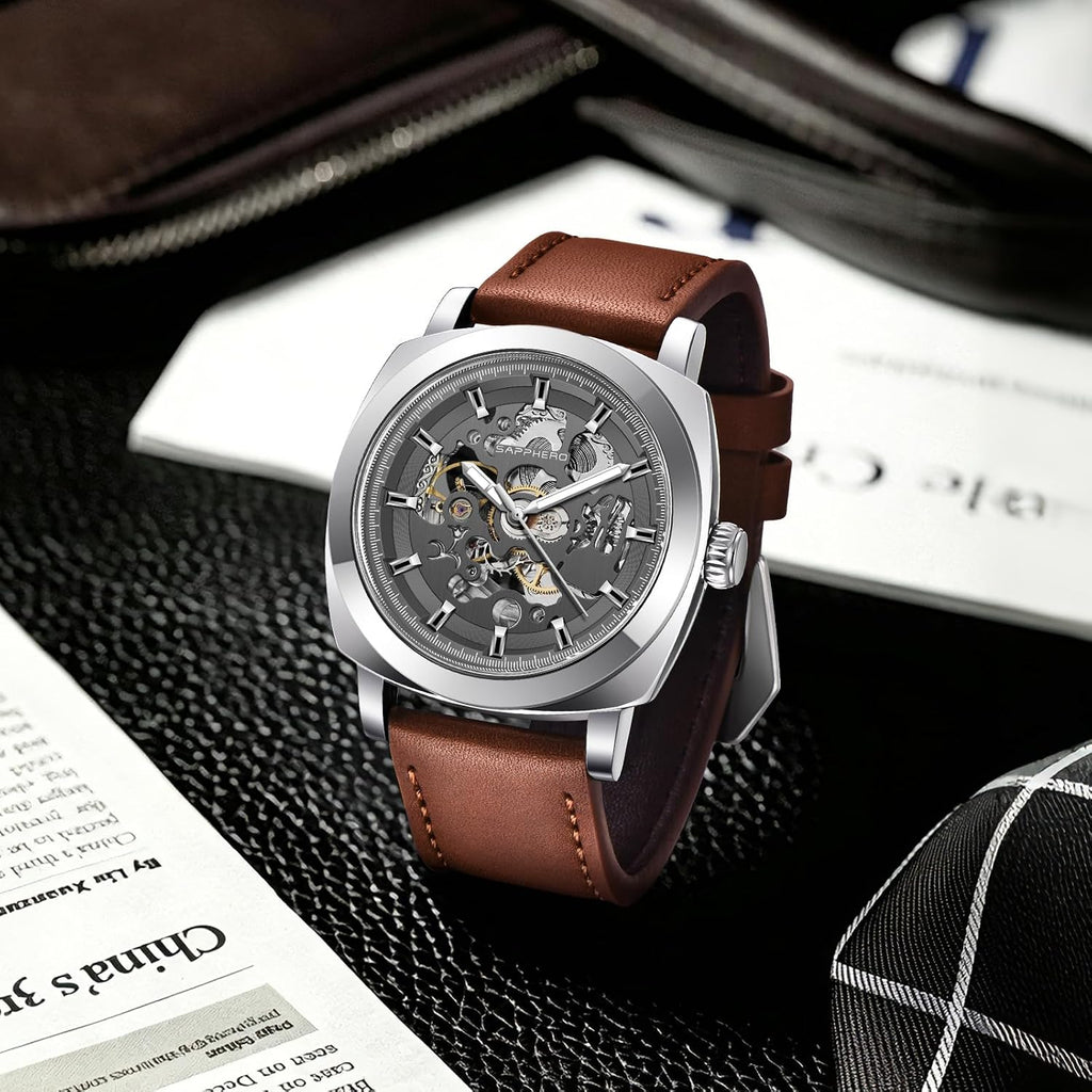 SAPPHERO Relojes para Hombre de Pulsera de Cuero Esqueleto Automáticos