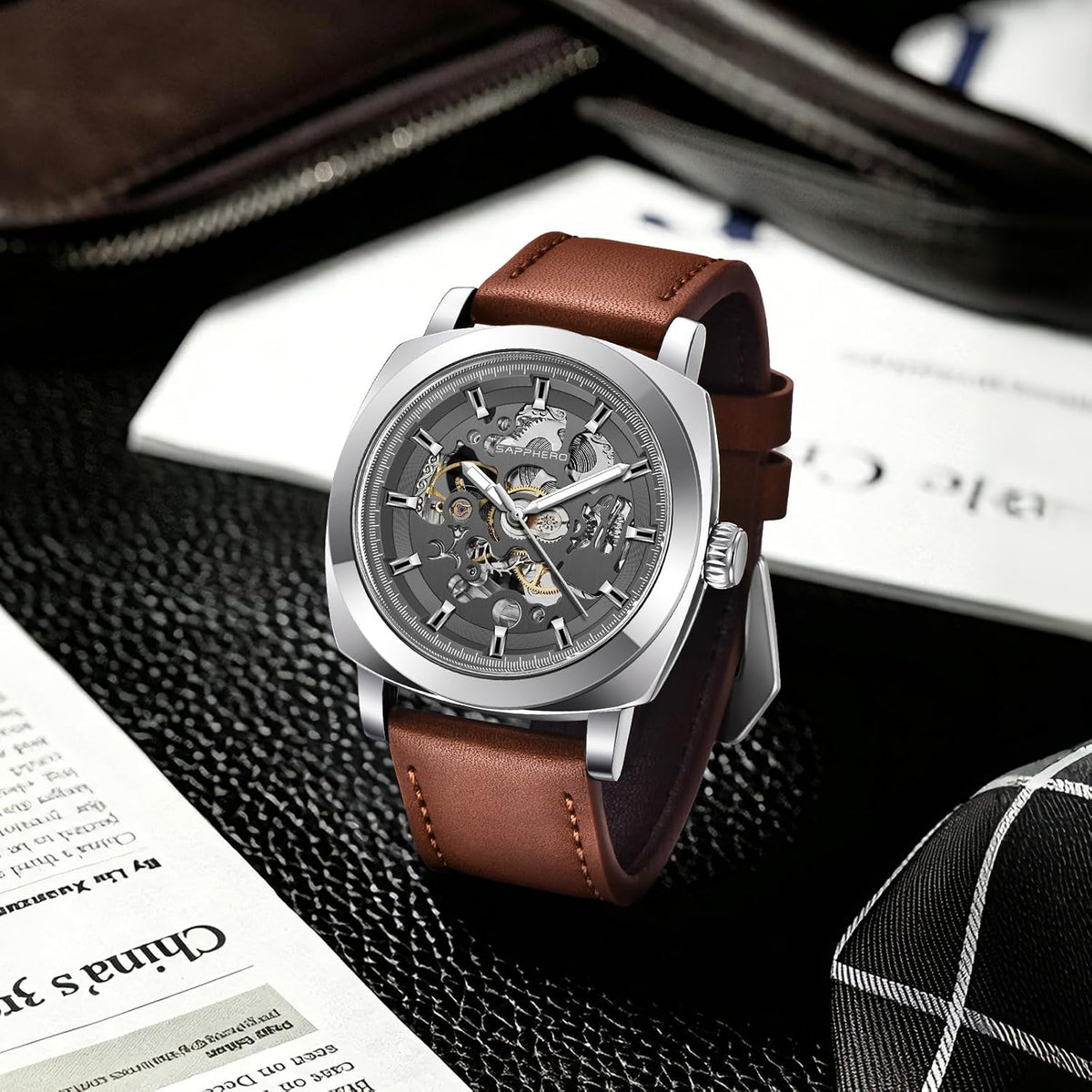 SAPPHERO Relojes para Hombre de Pulsera de Cuero Esqueleto Automáticos