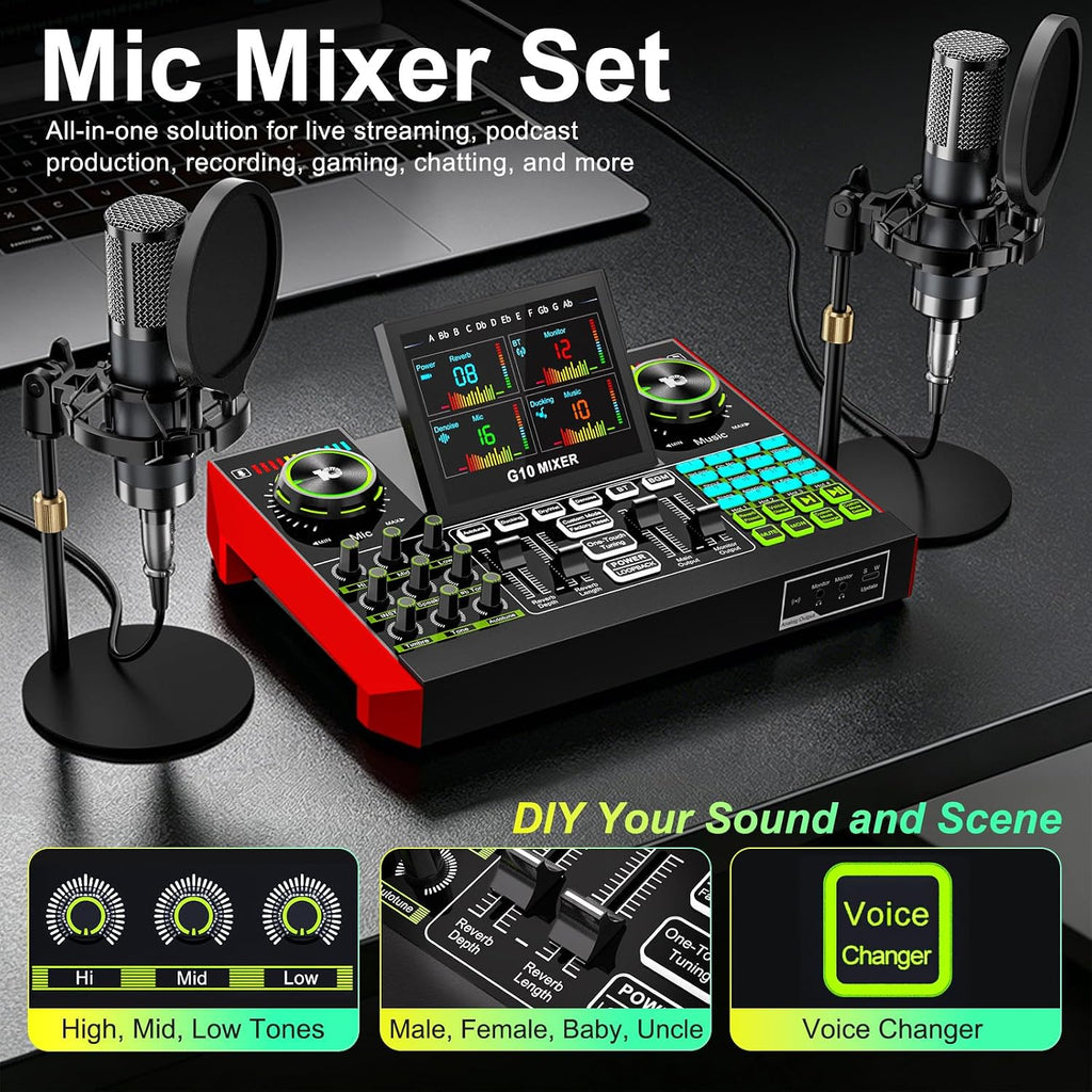 TENLAMP Paquete de mezclador de audio G10 Creator con micrófonos duales