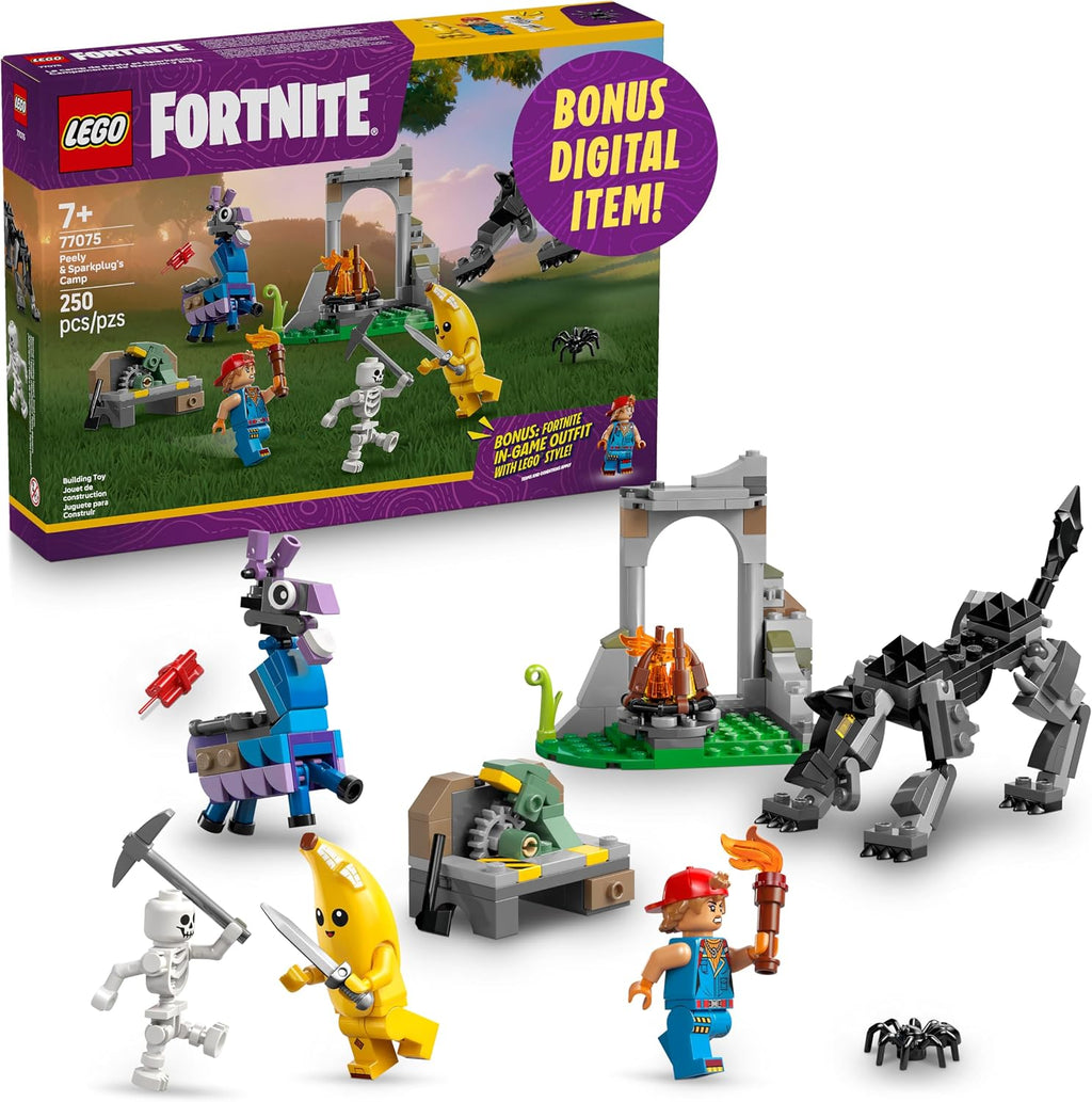 LEGO Fortnite Peely & Sparkplug's Camp - Juego de construcción de videojuegos para niñas y niños a partir de 7 años - Figuras de juguete de Fortnite Peely, Sparkplug y más - Idea de regalo para cumpleaños - 77075