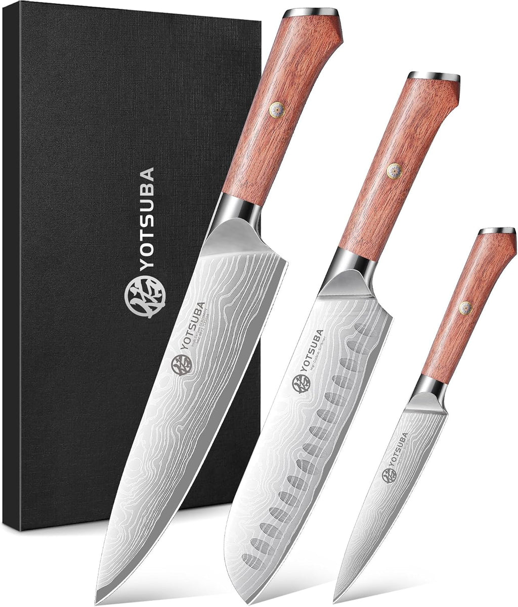 YOTSUBA 3 PIECES Juego de Cuchillos de Cocina Japoneses con Mango de Madera de Rosewood y Funda Completa