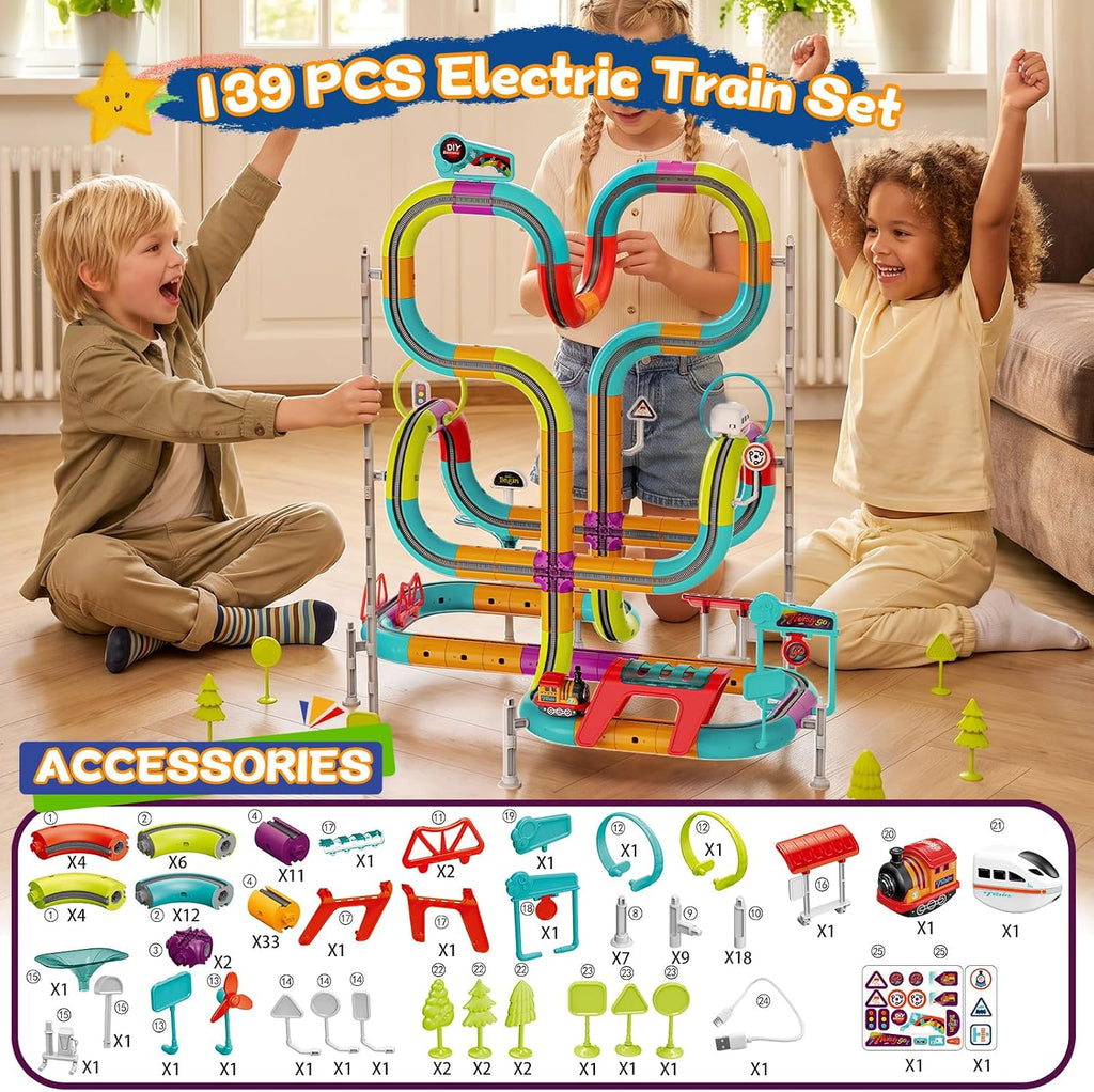 Juego de tren eléctrico de 139 piezas, pista de carreras flexible