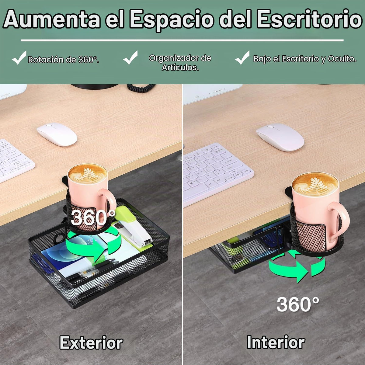 ROSYLINE - Organizador de almacenamiento giratorio debajo del escritorio con soporte para tazas y bandeja de cajón