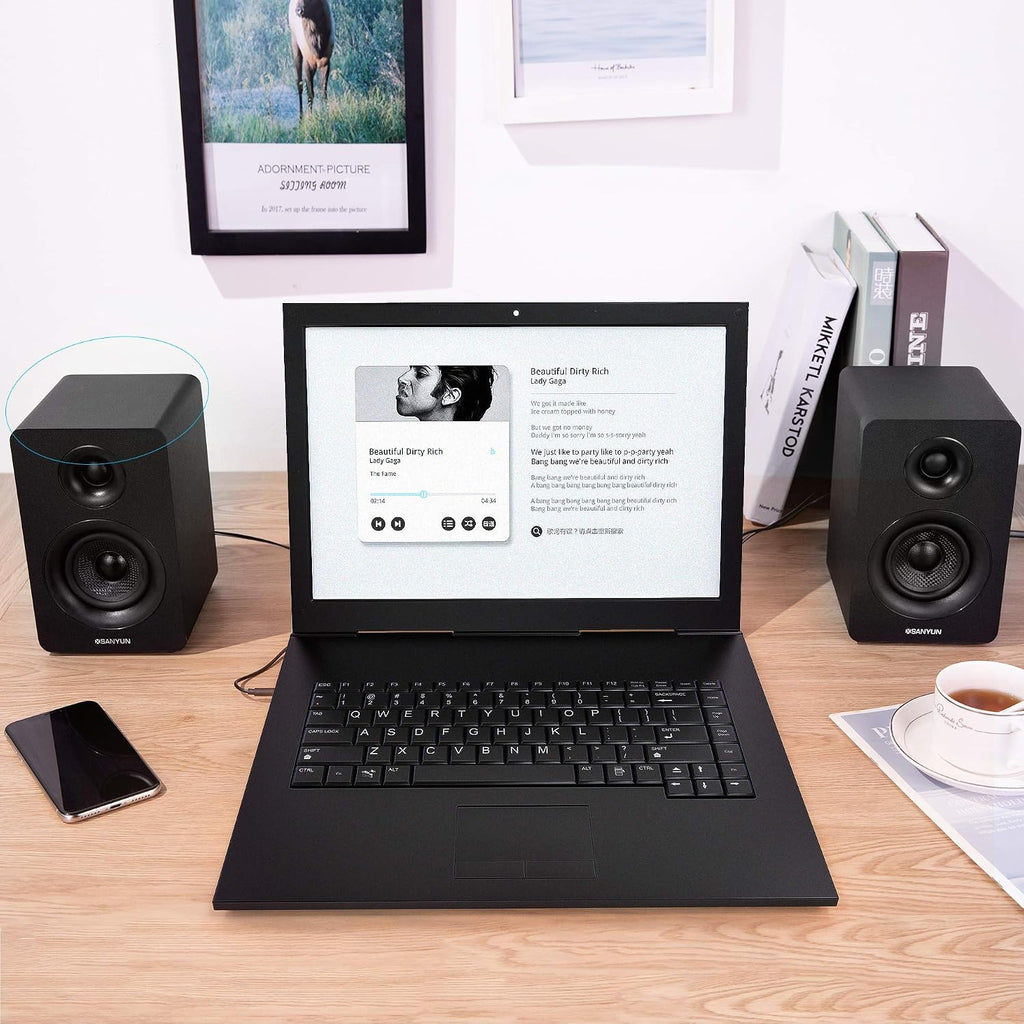 Sanyun SW208 bocinas de estantería activas Bluetooth 5.0 de 3" – Unidad de altavoz de fibra de carbono de 60W - DAC de 24 bits incorporado - Sonido envolvente 3D dinámico – Bocinas de 2.0 para PC de
