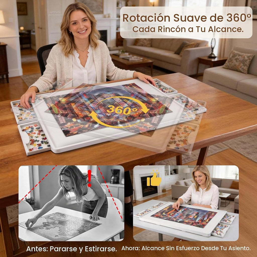 Tabla de rompecabezas ligera de 1500 piezas 2 en 1 inclinable y giratoria con cajones y cubierta, mesa de rompecabezas de plástico de 34.25 x 25.59 pulgadas, caballete de mesa portátil para adultos, ideal para rompecabezas y cuentas fusibles