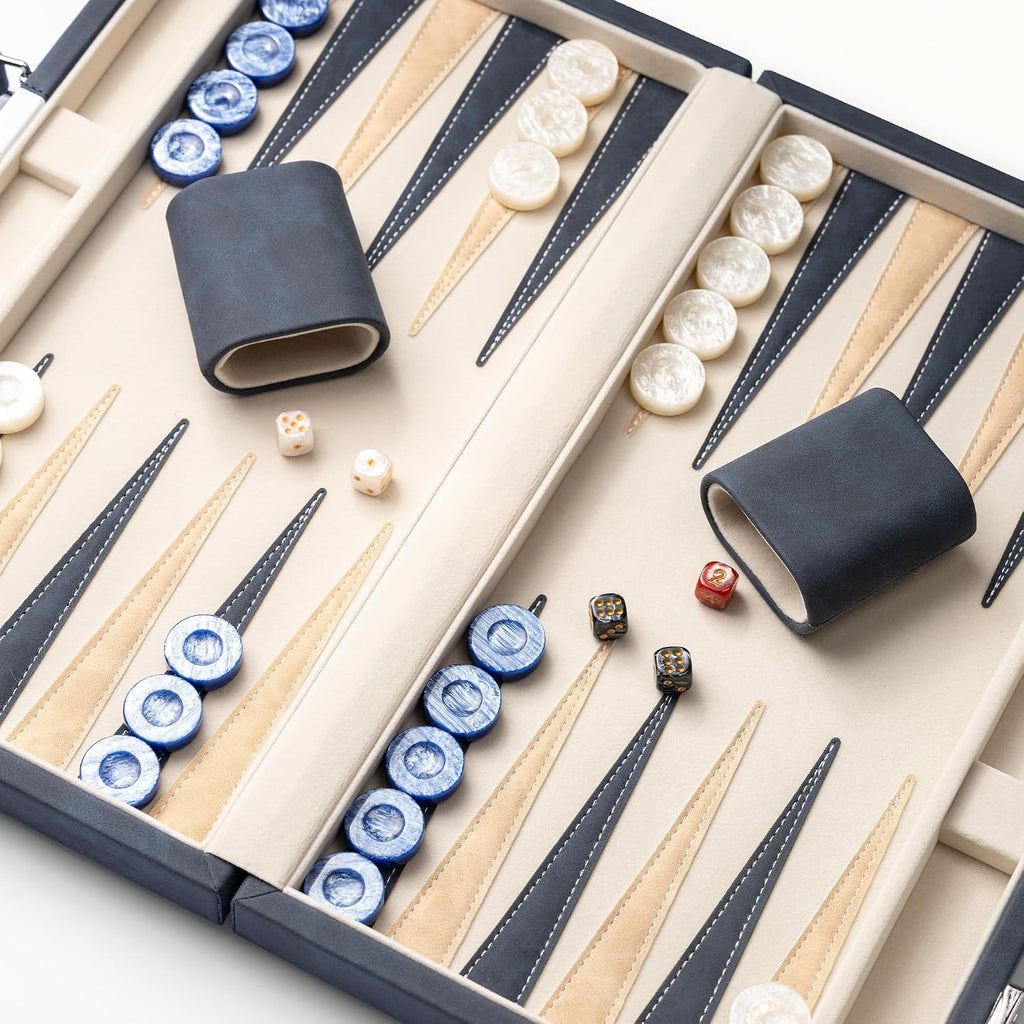 Juegos de backgammon de 15 pulgadas para adultos, tablero clásico de backgammon con dados de damas únicos, exterior de piel sintética e interior de terciopelo, juego de viaje de backgammon portátil (azul)