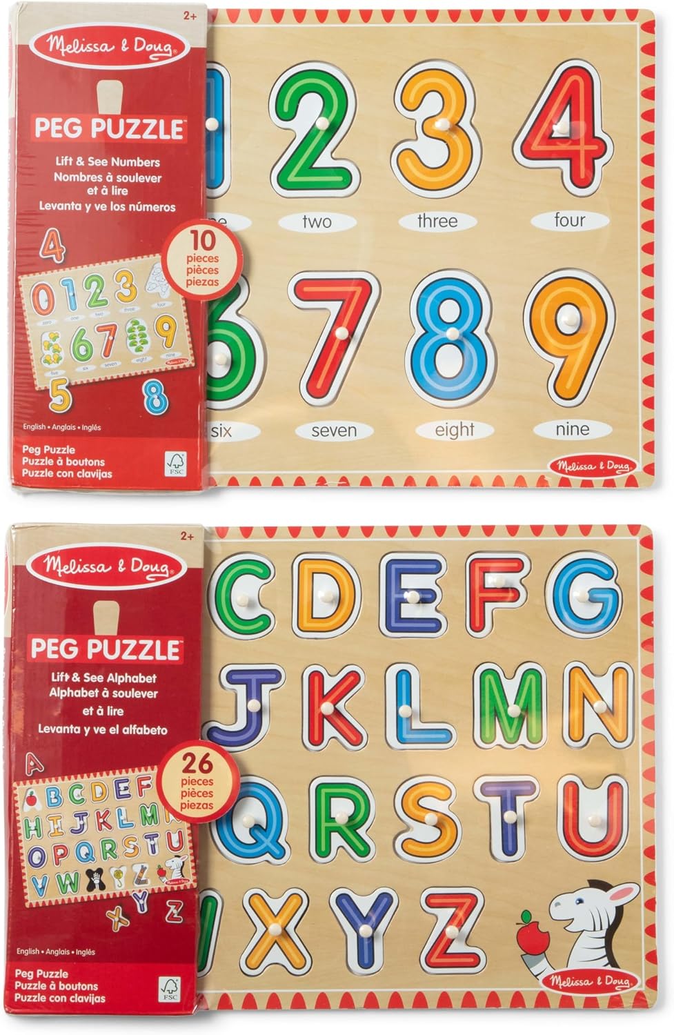 Melissa & Doug Rompecabezas de madera para levantar y ver clavijas de aprendizaje temprano, paquete de 2 para niñas y niños - alfabeto, números