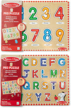 Melissa & Doug Rompecabezas de madera para levantar y ver clavijas de aprendizaje temprano, paquete de 2 para niñas y niños - alfabeto, números