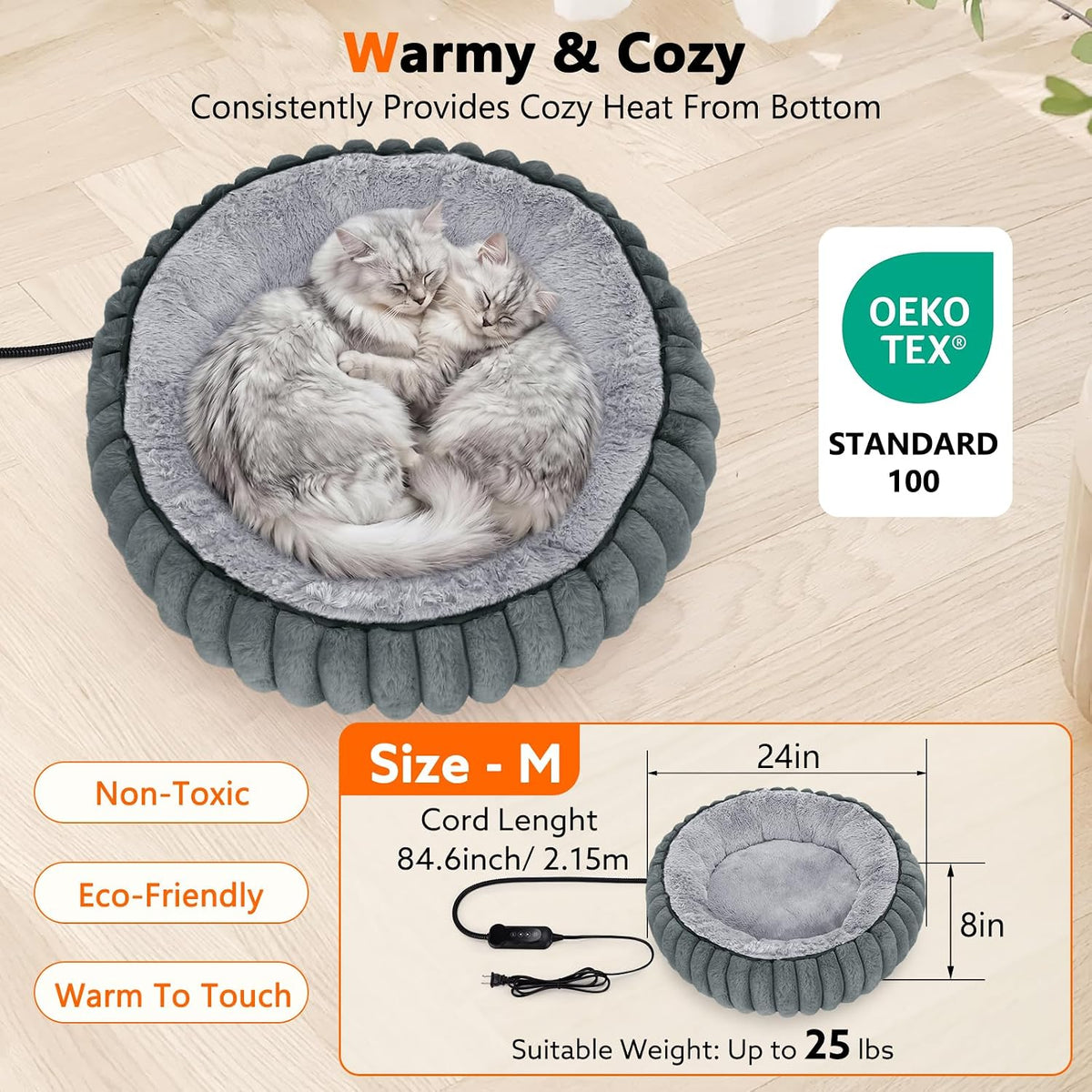 Camas calefactables para gatos de interior y perros pequeños, cama térmica de 24 pulgadas para mascotas con temporizador y temperatura ajustable, cama eléctrica extraíble e impermeable para