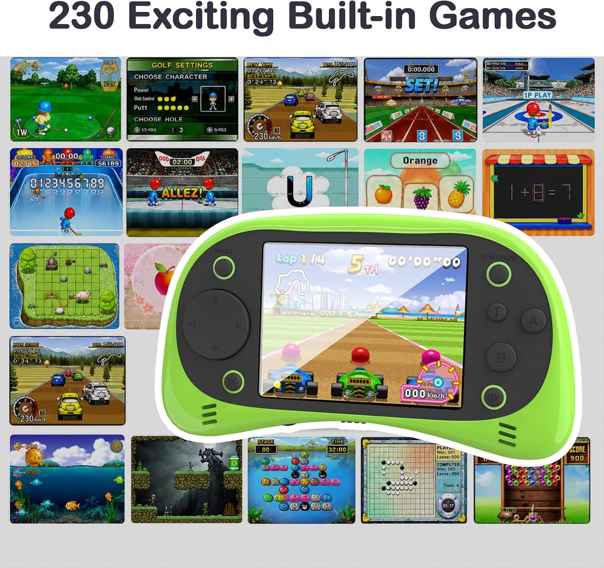 Juego de mano para niños: 230 videojuegos retro precargados, pantalla grande de 3.5 pulgadas y batería recargable USB-C, juguete de arcade portátil de regalo para niños y niñas (verde)