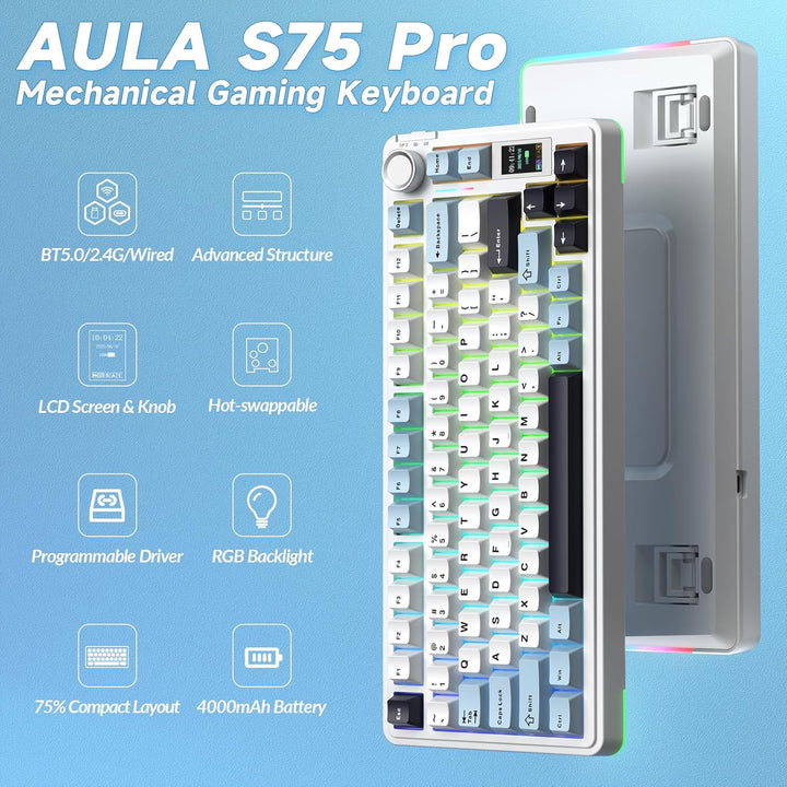 AULA Teclado mecánico inalámbrico S75 PRO con pantalla y perilla, 7...