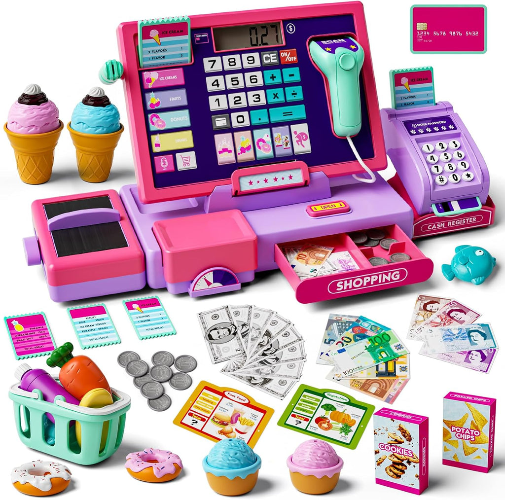 Juguete de caja registradora mejorado para niños y niñas, regalo de juego de simulación | Registro de cajero de juego de simulación con accesorios de tienda, calculadora de caja registradora con escáner/tarjeta de crédito (morado)