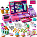 Juguete de caja registradora mejorado para niños y niñas, regalo de juego de simulación | Registro de cajero de juego de simulación con accesorios de tienda, calculadora de caja registradora con escáner/tarjeta de crédito (morado)