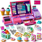 Juguete de caja registradora mejorado para niños y niñas, regalo de juego de simulación | Registro de cajero de juego de simulación con accesorios de tienda, calculadora de caja registradora con escáner/tarjeta de crédito (morado)