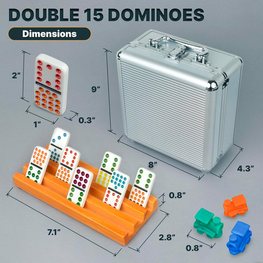 Queensell Juego de Dominó de Tren Mexicano Doble 15 con 8 Soportes - Cubo de Madera y Soportes para Fichas - Doble 15 con Puntos (D15 + 8 Soportes)