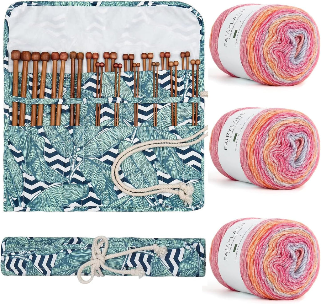 Aeelike Juego de 18 pares de agujas de tejer con 3 madejas, hilo de pastel degradado súper suave, 100 g (3.52 oz) 803.8 ft (267 yardas)