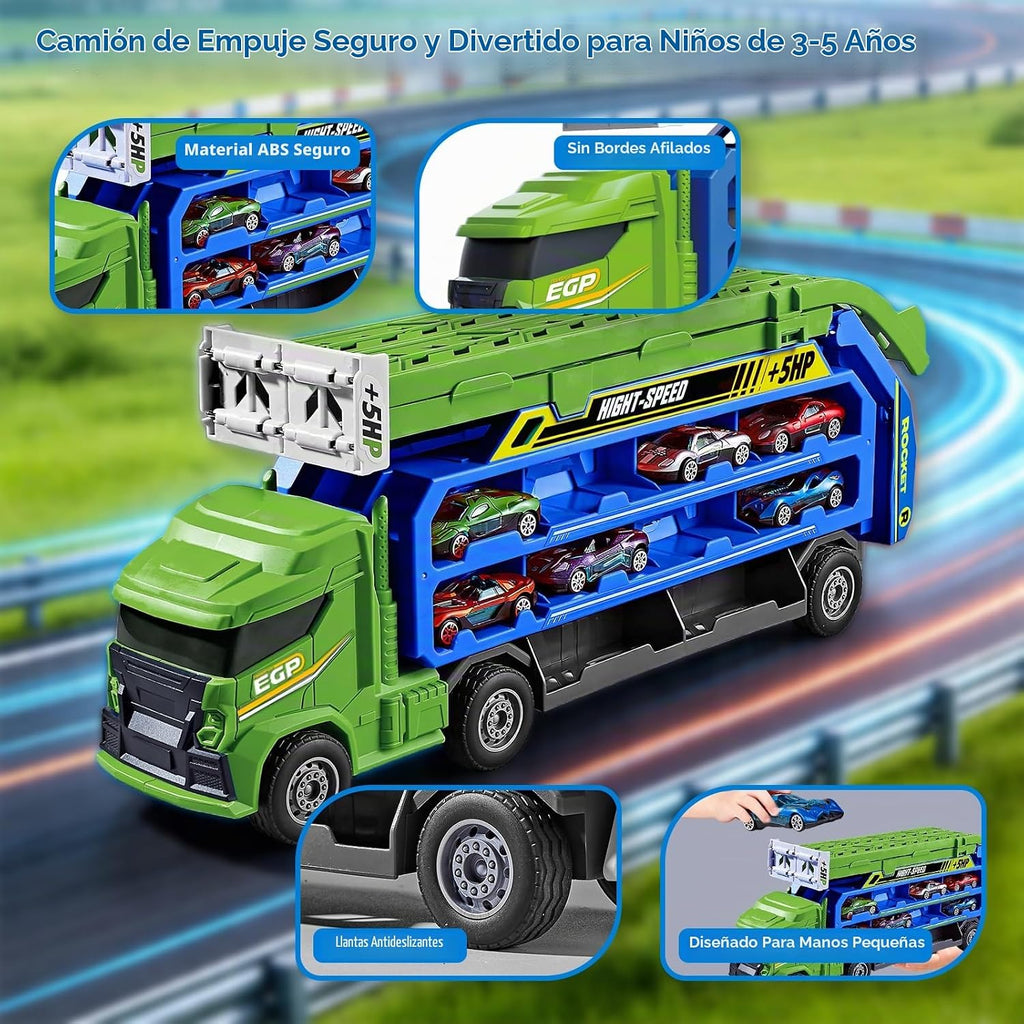 Camión de carreras de juguete para niños de 3 a 5 años - Camión transportador de automóvil 4 en 1 con 2 pistas de carreras plegables, juego de vehículos de transporte con 6 autos fundidos a presión
