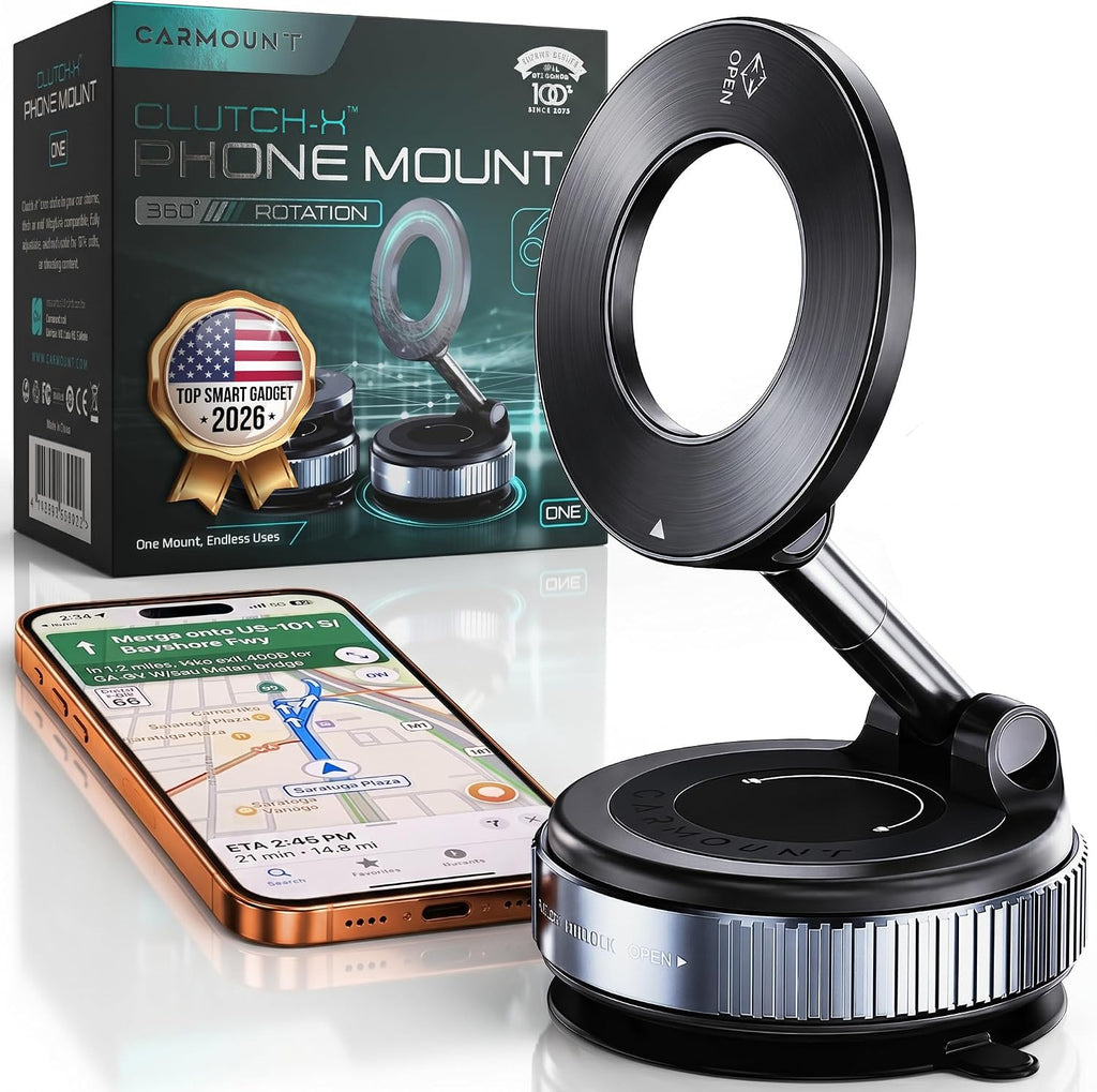 Clutch-X™ Black - Soporte de teléfono con ventosa para iPhone con ventosa para iPhone, soporte de teléfono de ventana para viajes, soporte magnético de teléfono de vacío de 360° para automóvil, soporte magnético para teléfono con ventosa