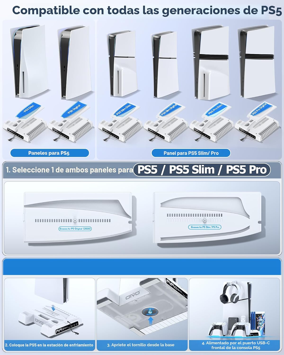 PS5\/Slim\/Pro Stand and Cooling Station with LED Controller Chargi...