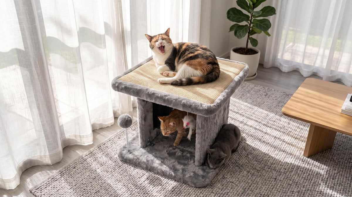 Cama grande para gatos con poste rascador y tabla de peinar