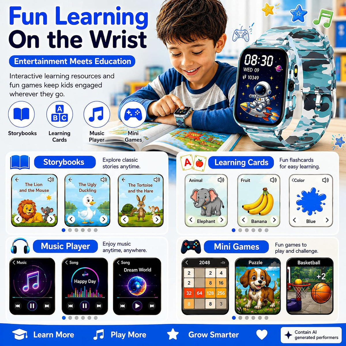Reloj inteligente para niños de 5 a 12 años, juegos de funciones Ai con pantalla táctil HD, con cámara de video, reproductor de música, podómetro, ritmo cardíaco, rastreador de sueño, regalos de Navidad y cumpleaños para niños (camuflaje, 1.85 pulgadas)