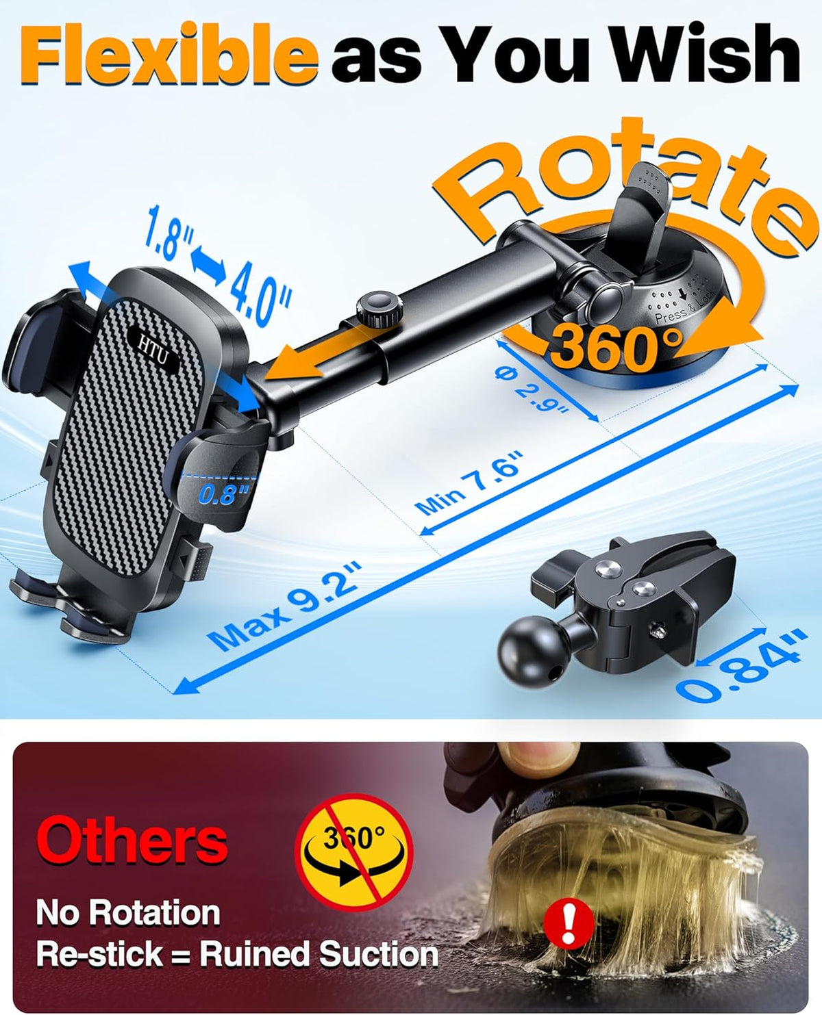2026 Ultimate Best【Grado militar real y certificación de seguridad】Soporte de teléfono para automóvil HTU【Rotación 360° mejorada y succión más fuerte de 100LBS】Soporte 5 en 1 para parabrisas, tablero y ventilación de camión para iPhone y Android, Negro