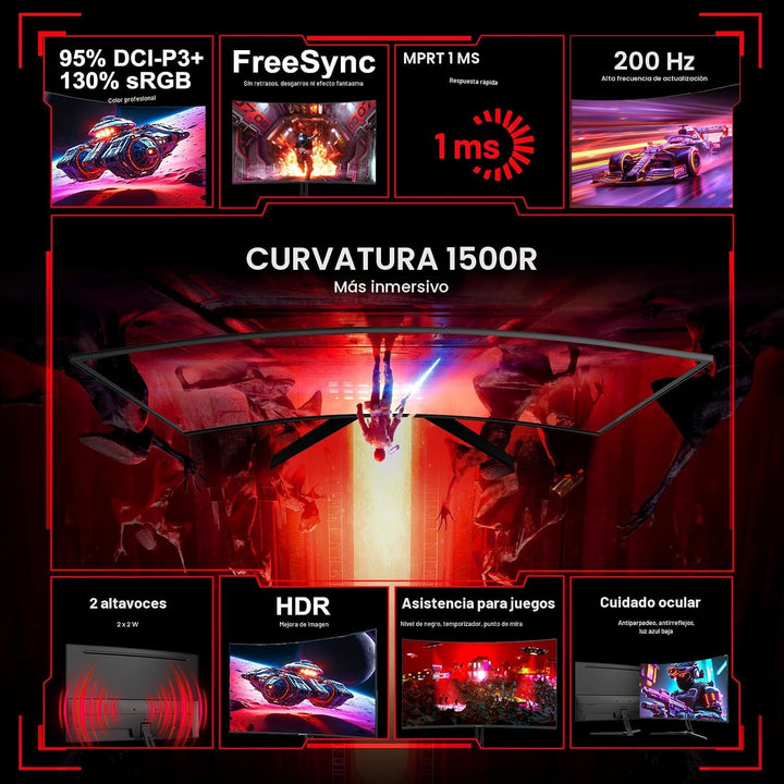 SANSUI Monitor curvo para juegos de 27 pulgadas, 200 Hz, 1 ms con a...