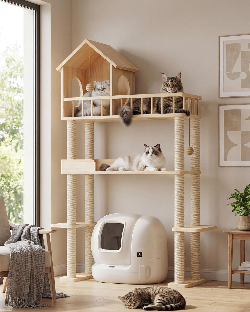 Torre para gatos de 60 pulgadas para caja de arena automática