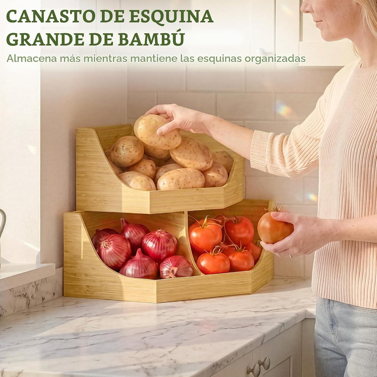 HOMESTEAD Contenedor de almacenamiento esquinero de bambú, apilable de 2 niveles para almacenamiento de papas y cebollas para mostrador de cocina, estante de esquina de madera, organizador de despensa