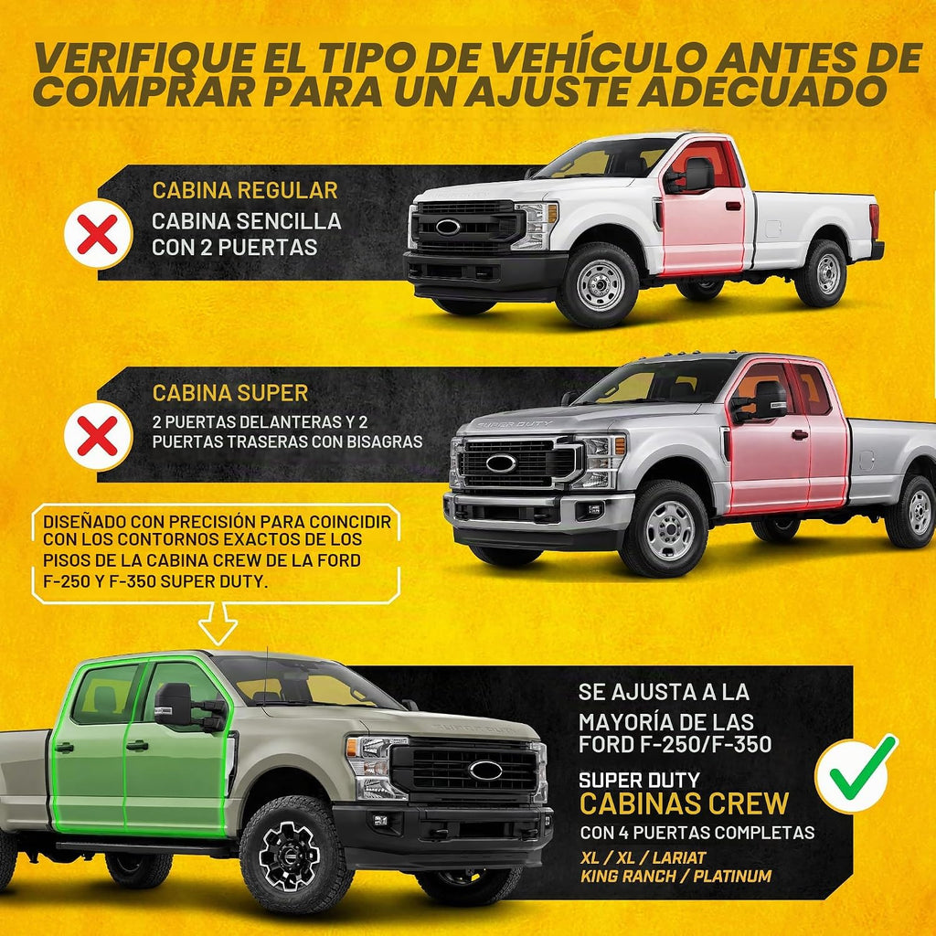 CAT® JustFit™ Alfombrillas 3D personalizadas para Ford F-250 F-350 Super Duty Crew Cab 2017-2026, juego completo delantero y trasero, forros de goma resistentes medidos con láser, accesorios Ford