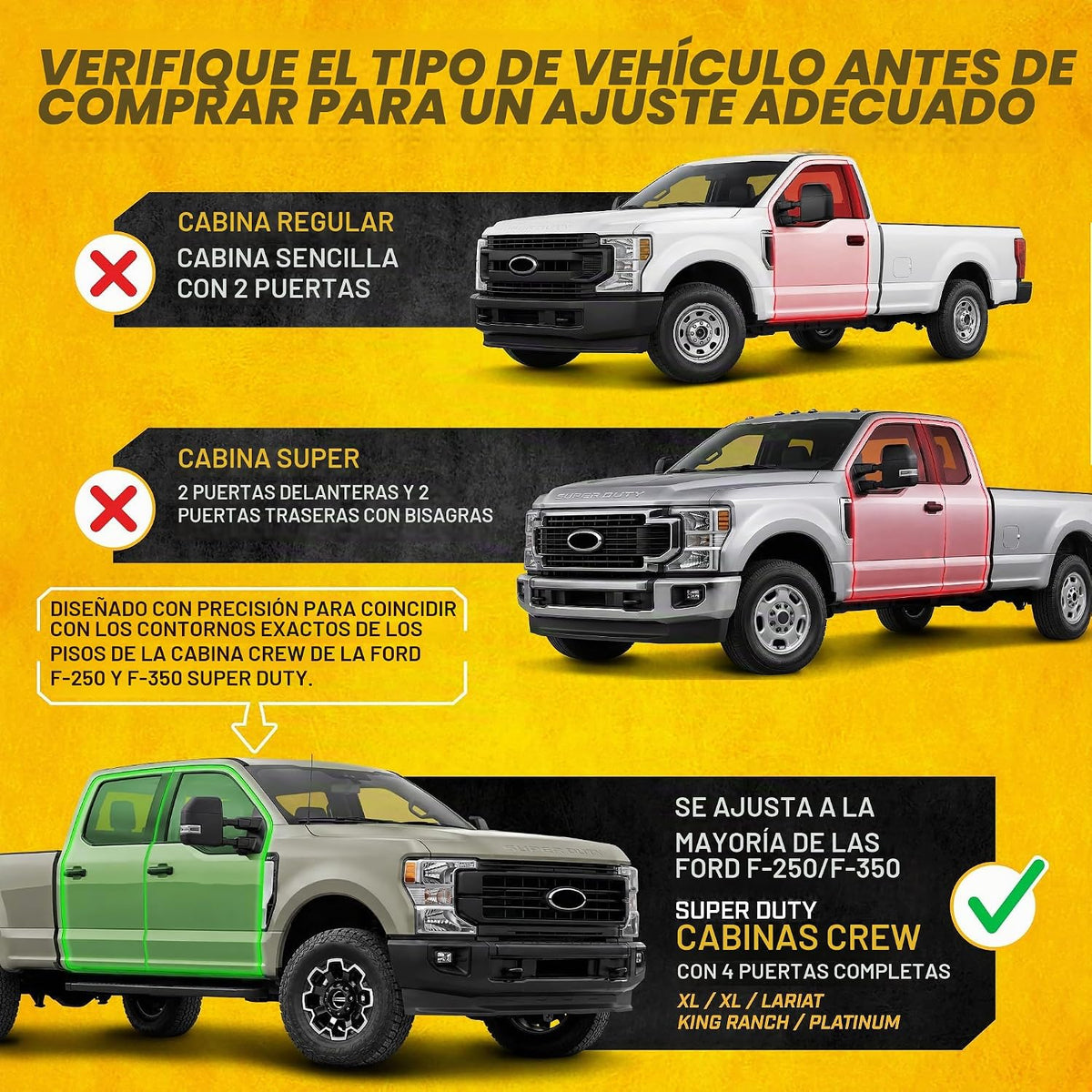 CAT® JustFit™ Alfombrillas 3D personalizadas para Ford F-250 F-350 Super Duty Crew Cab 2017-2026, juego completo delantero y trasero, forros de goma resistentes medidos con láser, accesorios Ford