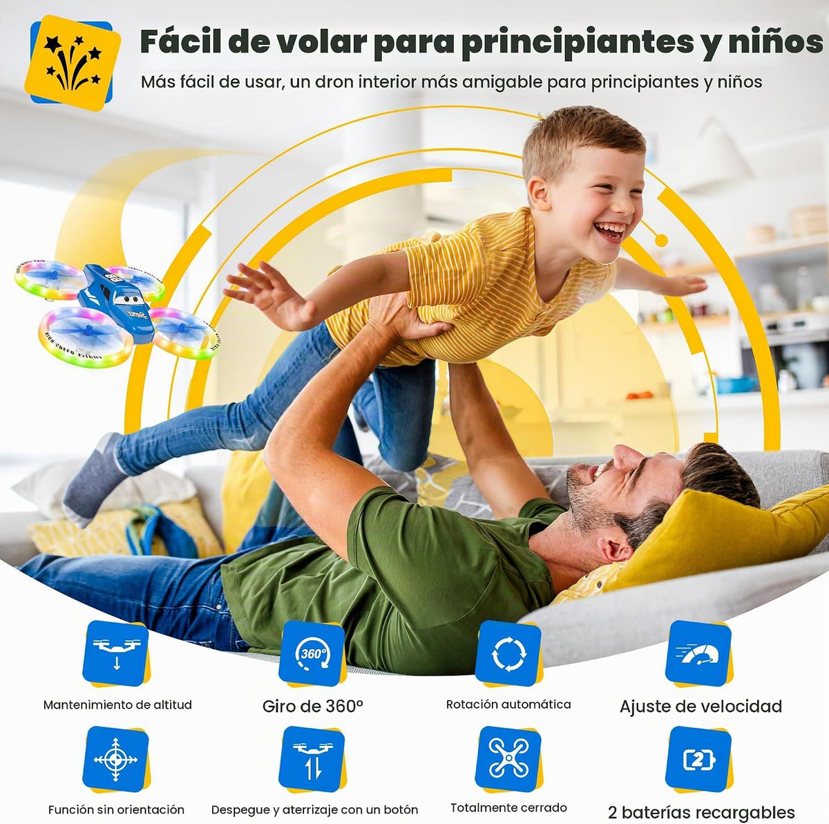 Drones para niños y principiantes con luces LED 2 baterías de arranque con