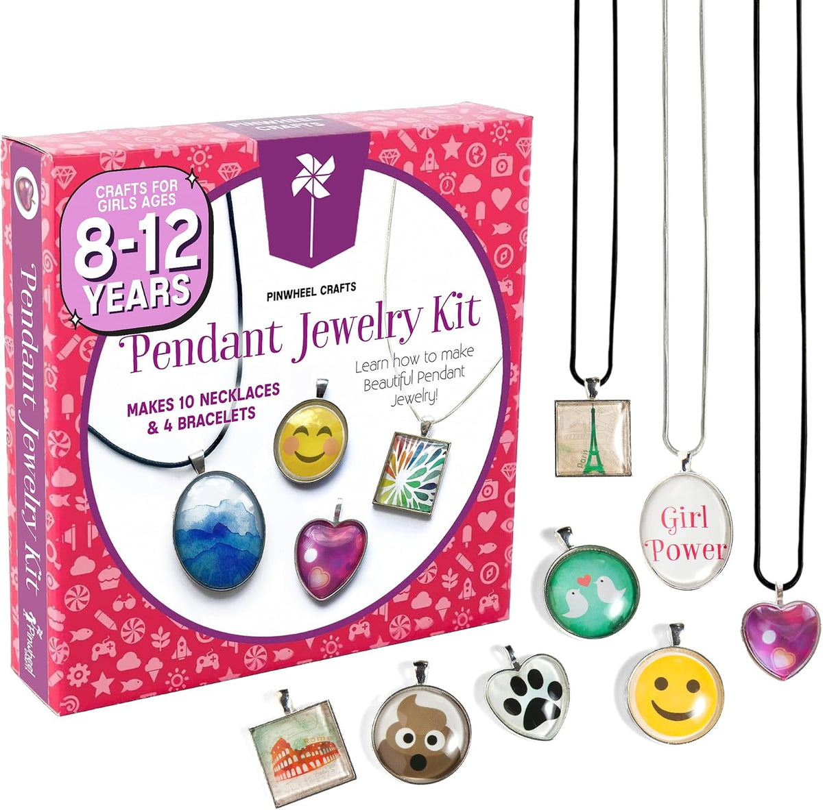 Pinwheel Crafts Kit de fabricación de joyas con dije para niñas de 8 a 12 años o más, kit de fabricación de collares y pulseras para niños, artesanía única para crear múltiples collares y pulseras