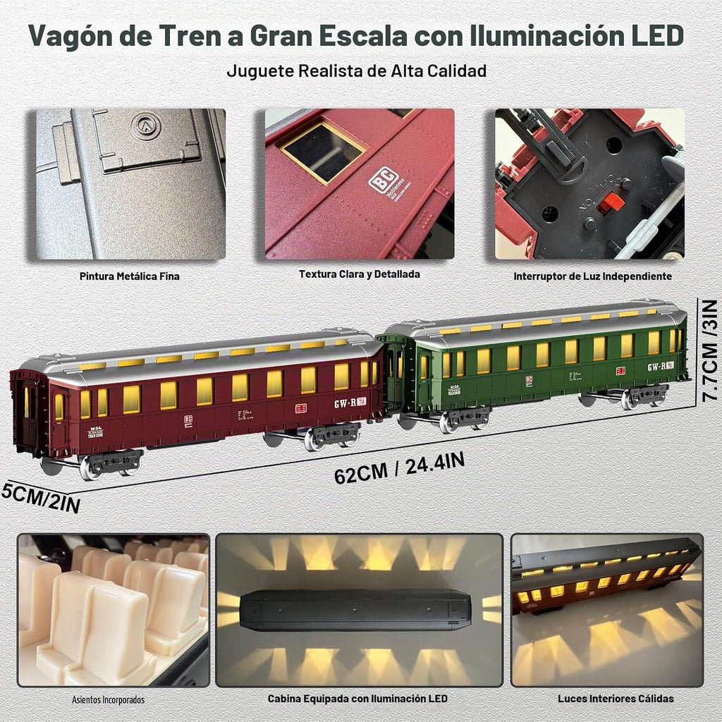 Juegos de tren eléctrico con control remoto para niños, juguetes de tren de Navidad, locomotora de vapor con 3 humos, vagones de pasajeros brillantes, pistas de lujo, luz y sonidos, regalos de cumpleaños para niños y niñas