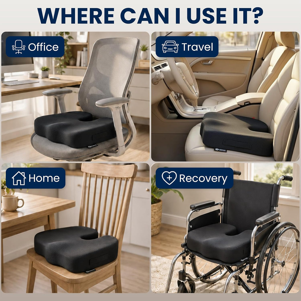 5 STARS UNITED Cojín de asiento, espuma viscoelástica para aliviar el dolor de coxis, soporte ergonómico para coxis, ciática y glúteos, silla de ruedas, oficina, escritorio y silla de juegos