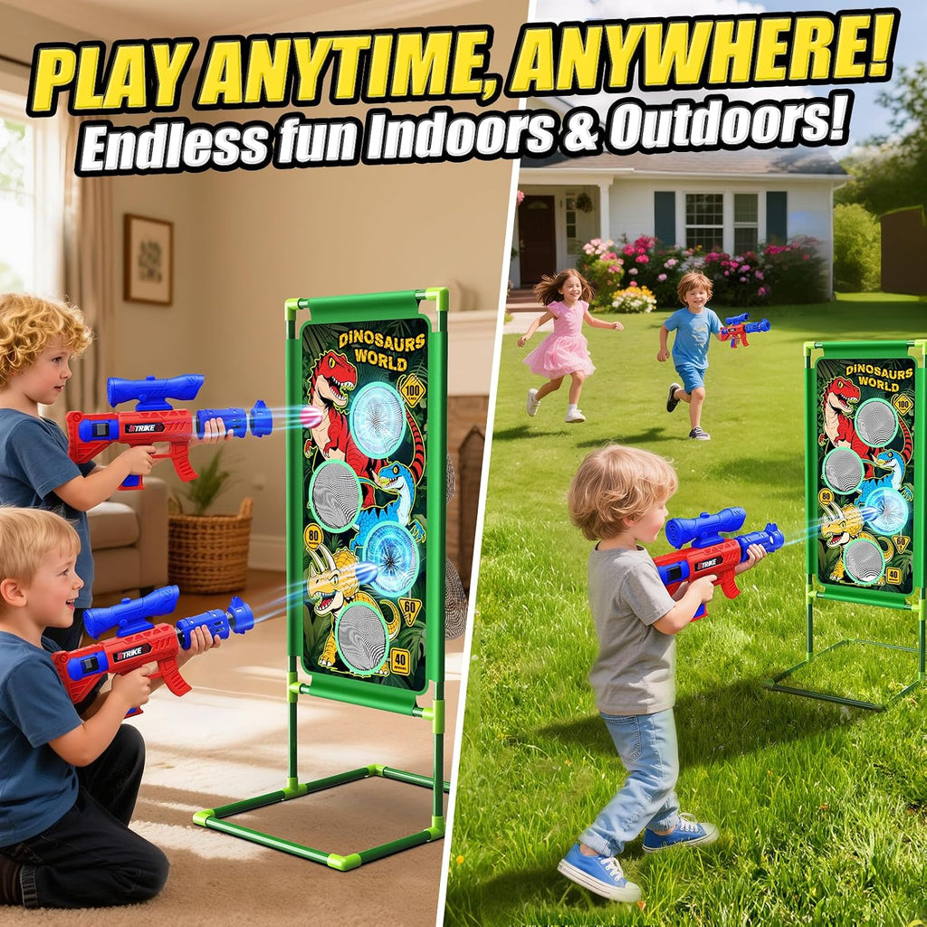 Juego de disparos con dinosaurios, 2 lanzadores de bomba de aire con diversión de apuntar, 3 temas de dinosaurios y 4 puntos de puntuación de objetivo, 24 bolas de espuma, juguete de regalo para niños