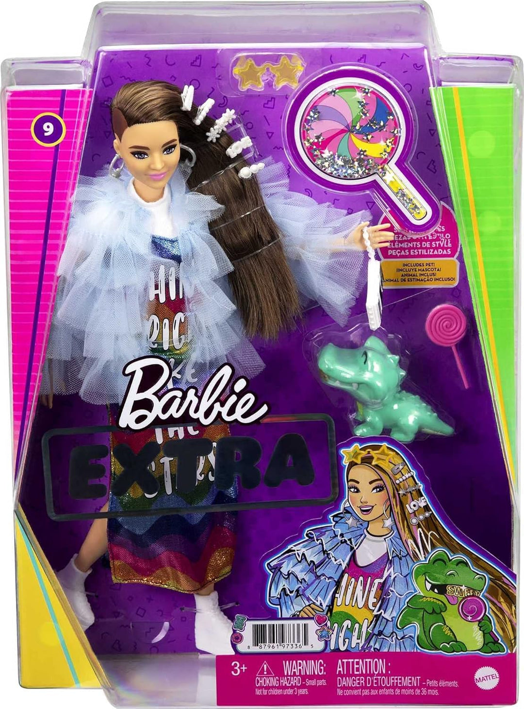 Barbie Muñeca extra y accesorios con pelo largo morena y clips bril...