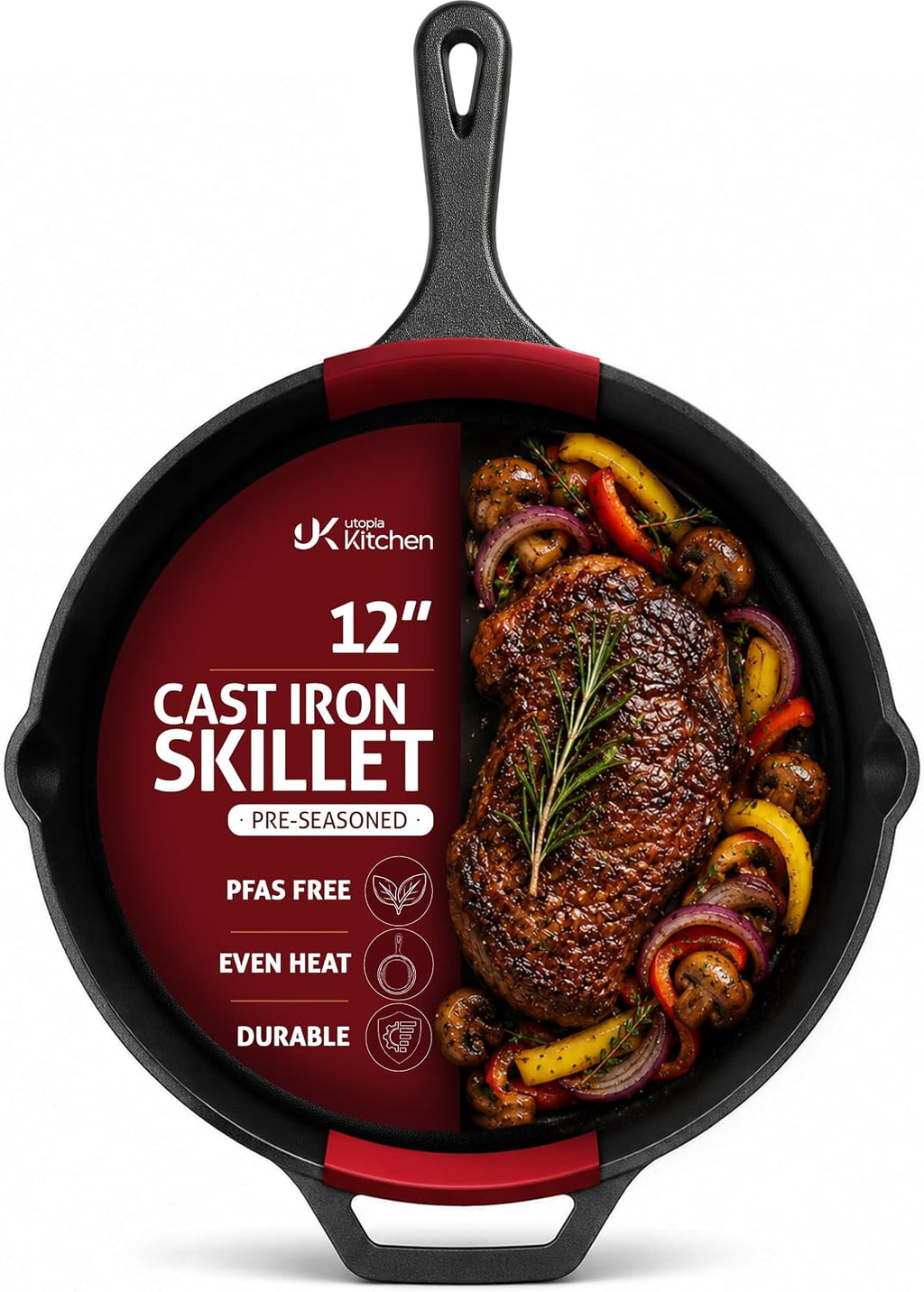 Utopia Kitchen - Sartén de hierro fundido de 12 pulgadas, pre-sazonado, sin PFAS, color negro