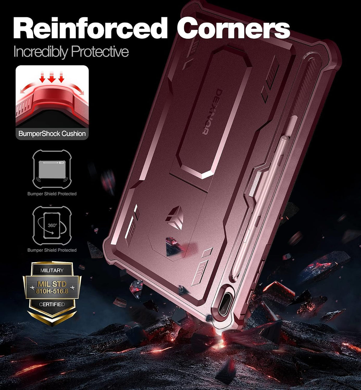 Dexnor Funda para Samsung Galaxy Tab S7 FE de 12.4 pulgadas (2021), [protector de pantalla y soporte integrados] con soporte para bolígrafo, resistente a prueba de golpes, funda protectora de cuerpo completo para Galaxy S7 FE - Rojo