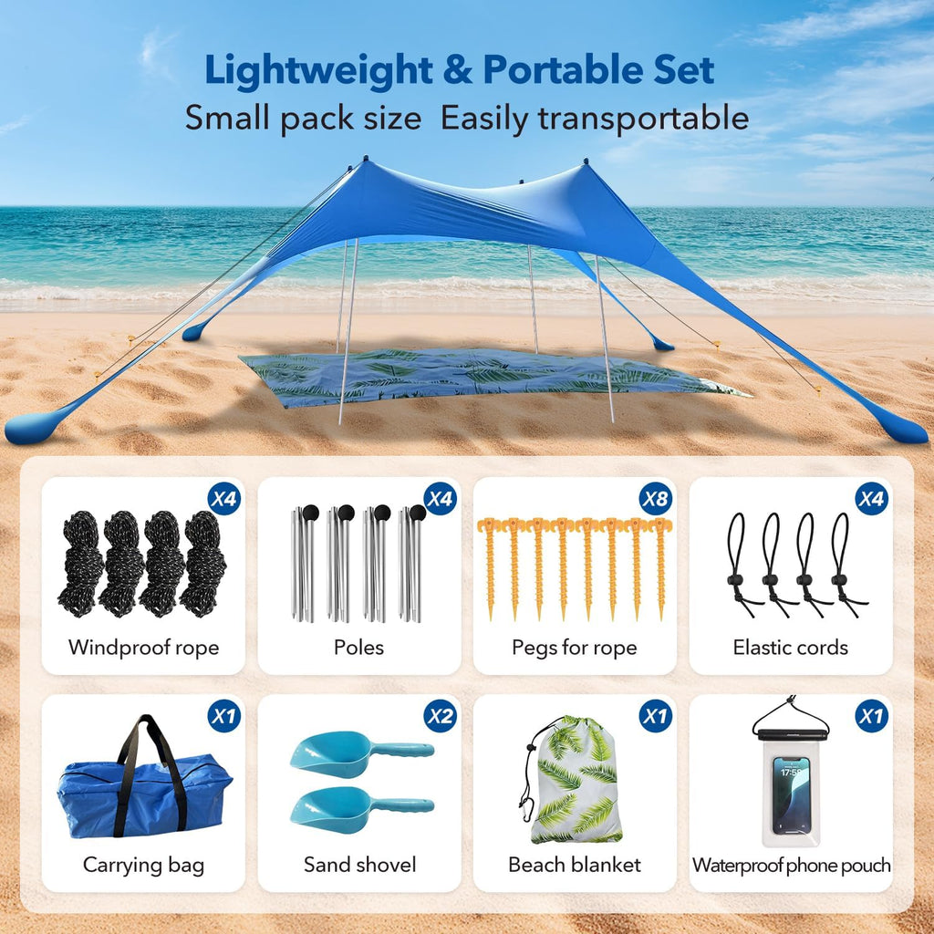 Tienda de campaña de playa con protección UPF50+, refugio solar portátil con postes de bolsa de arena, clavijas de tierra y cuerdas antiviento para acampar al aire libre, patio trasero, Picni
