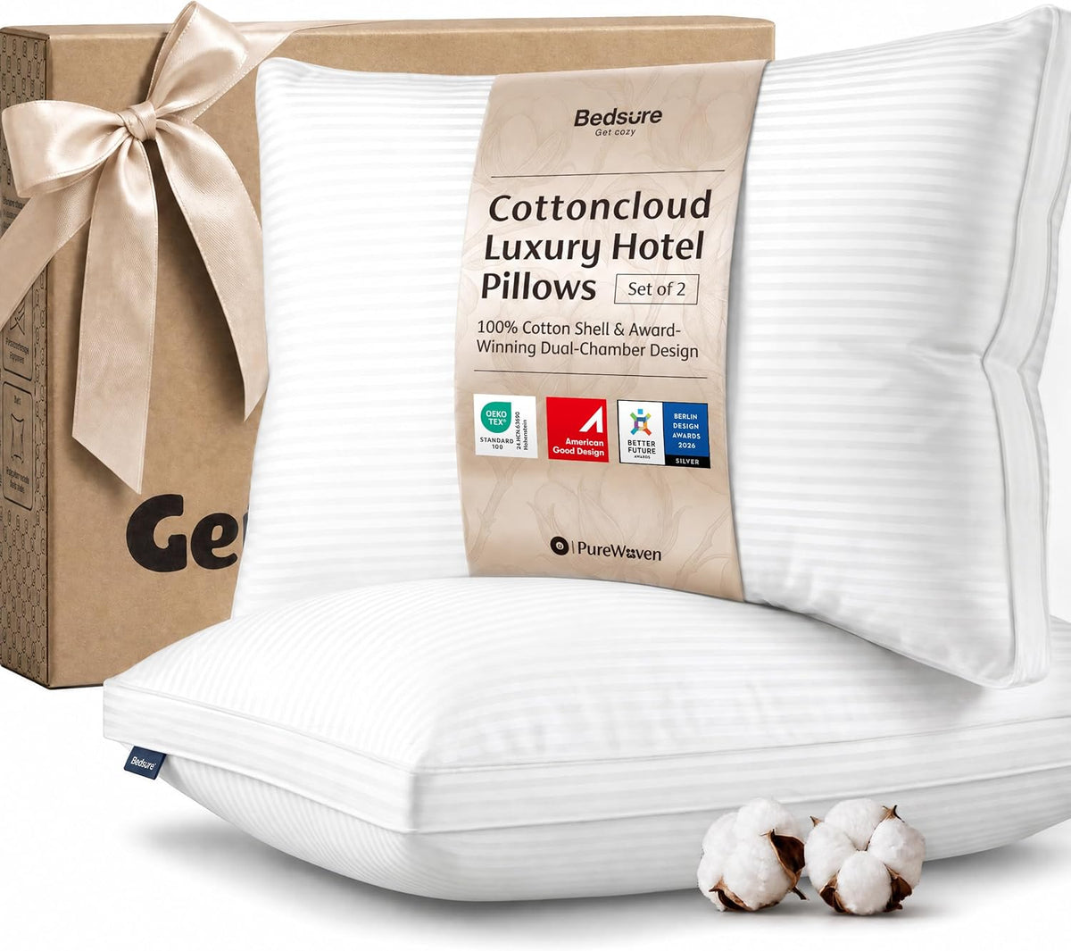 Bedsure PureWoven - Juego de 2 almohadas de hotel tamaño Queen con carcasa 100% de algodón